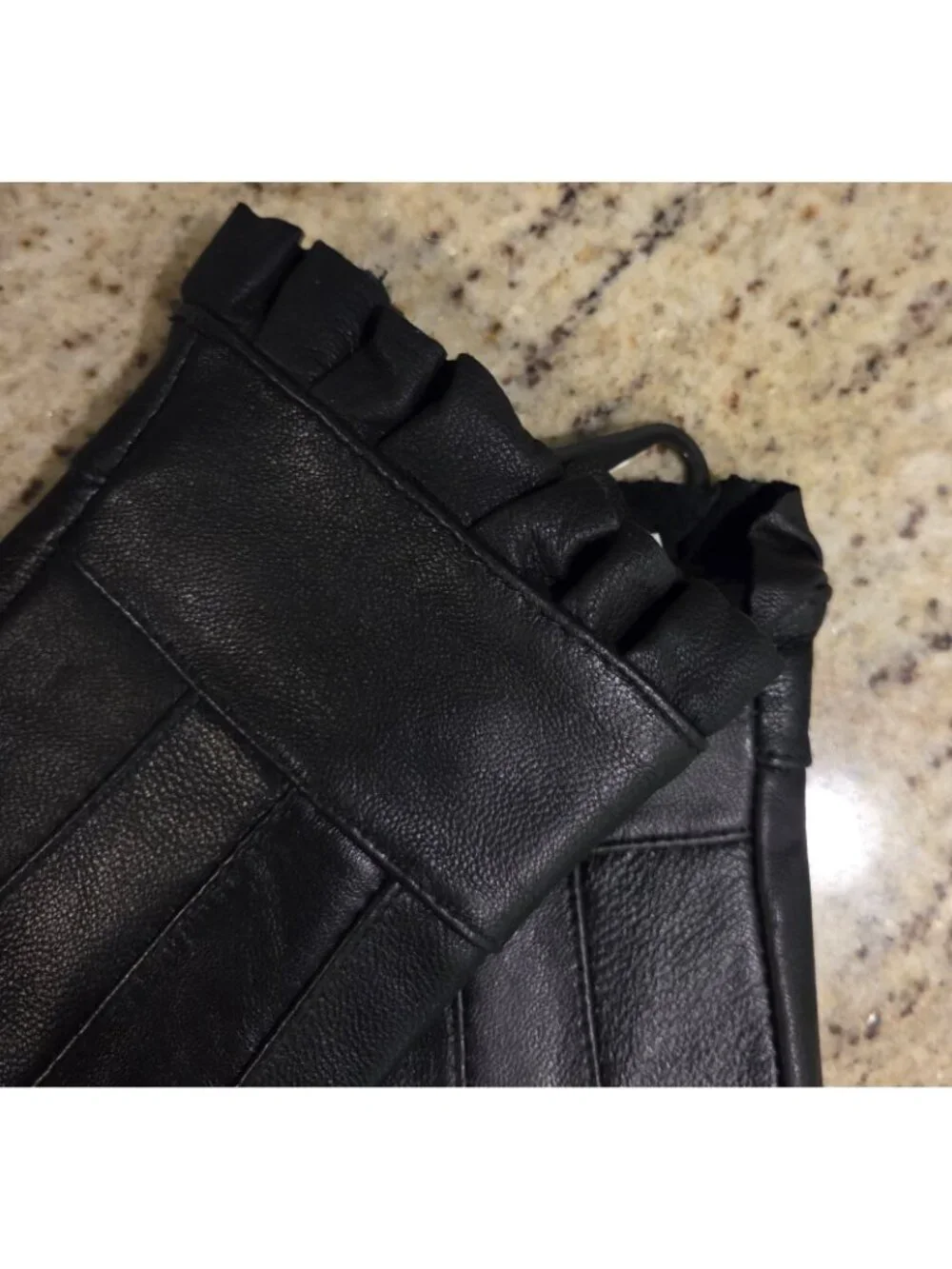 New! Women's Size S Black Leather Fleece Lined Gloves Ruffle Edge